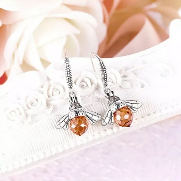 Cute Bee Shaped 925 Silver Drop Earrings Citrine - Picture 2 of 4